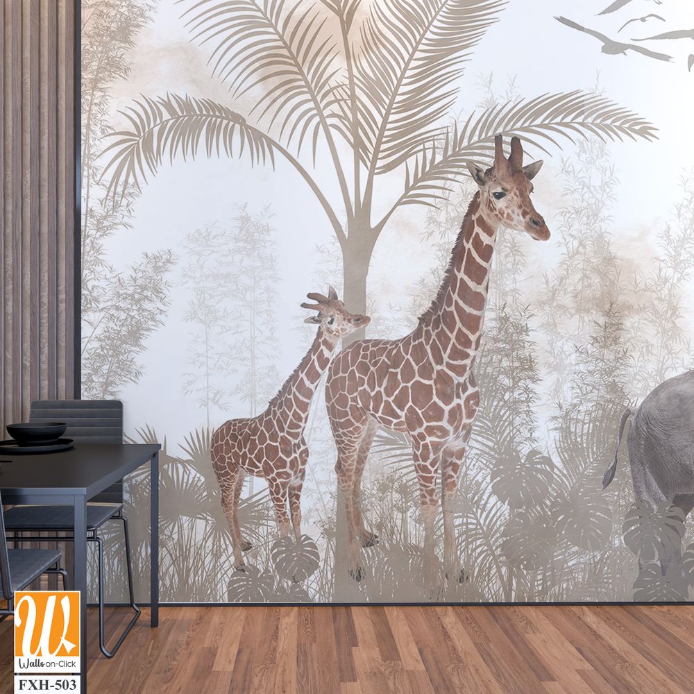 Cute animals wallpaper design for kids rooms- 3d illustration [WP-FXH-503]