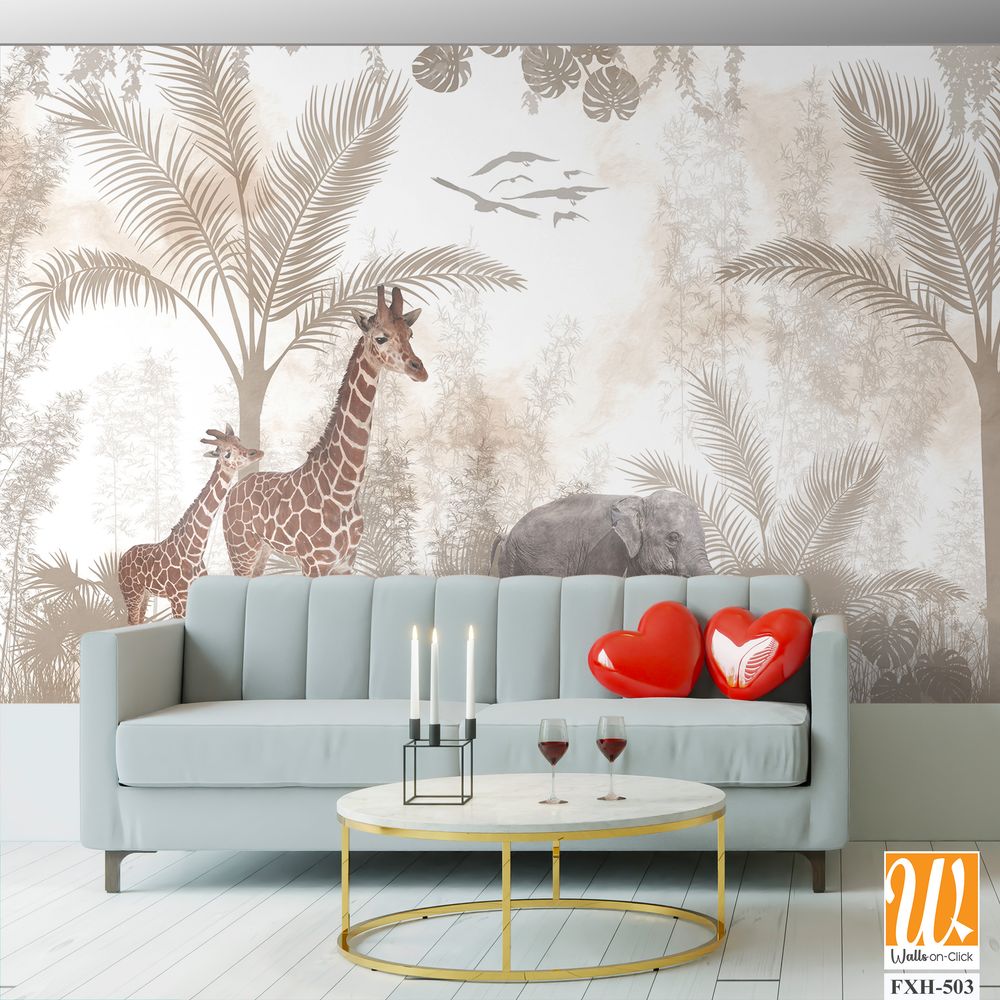 Cute animals wallpaper design for kids rooms- 3d illustration [WP-FXH-503]