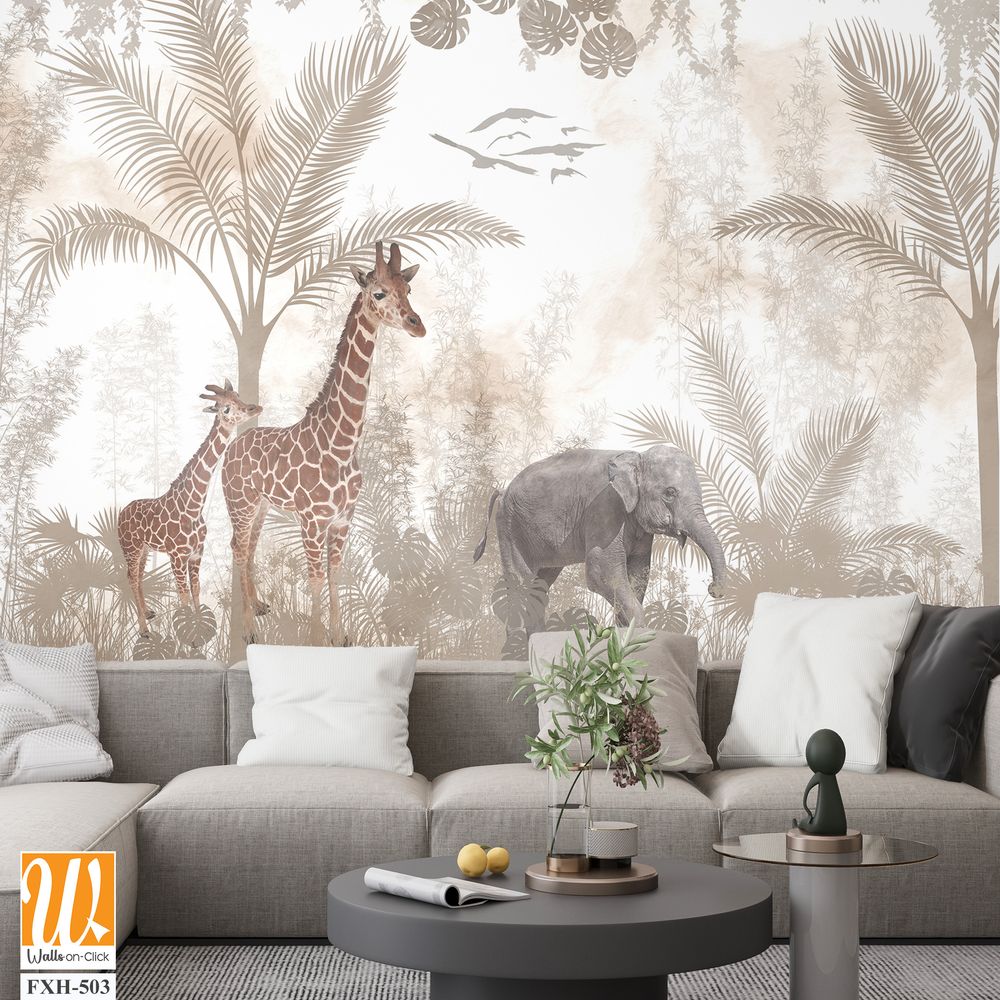 Cute animals wallpaper design for kids rooms- 3d illustration [WP-FXH-503]