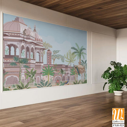 Traditional south Indian temple complex garden with peacock, monkey vector illustration pattern [WP-FXH-523]