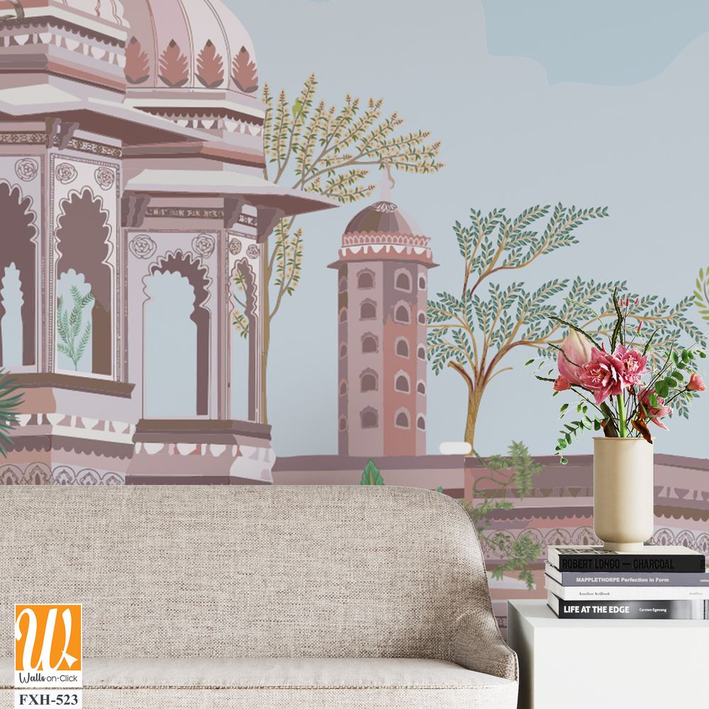 Traditional south Indian temple complex garden with peacock, monkey vector illustration pattern [WP-FXH-523]