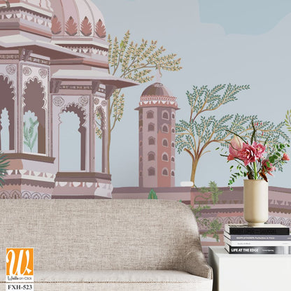 Traditional south Indian temple complex garden with peacock, monkey vector illustration pattern [WP-FXH-523]