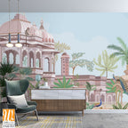 Traditional south Indian temple complex garden with peacock, monkey vector illustration pattern [WP-FXH-523]