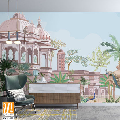 Traditional south Indian temple complex garden with peacock, monkey vector illustration pattern [WP-FXH-523]