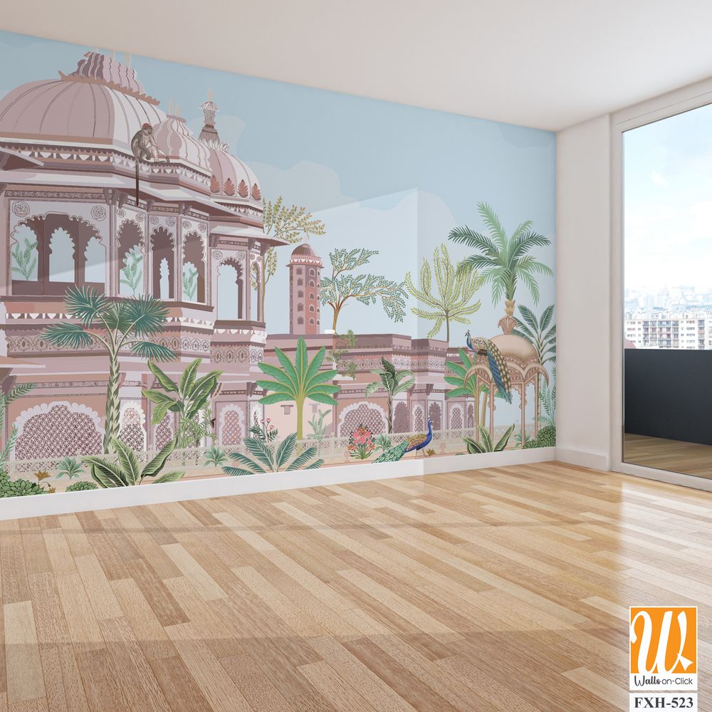 Traditional south Indian temple complex garden with peacock, monkey vector illustration pattern [WP-FXH-523]