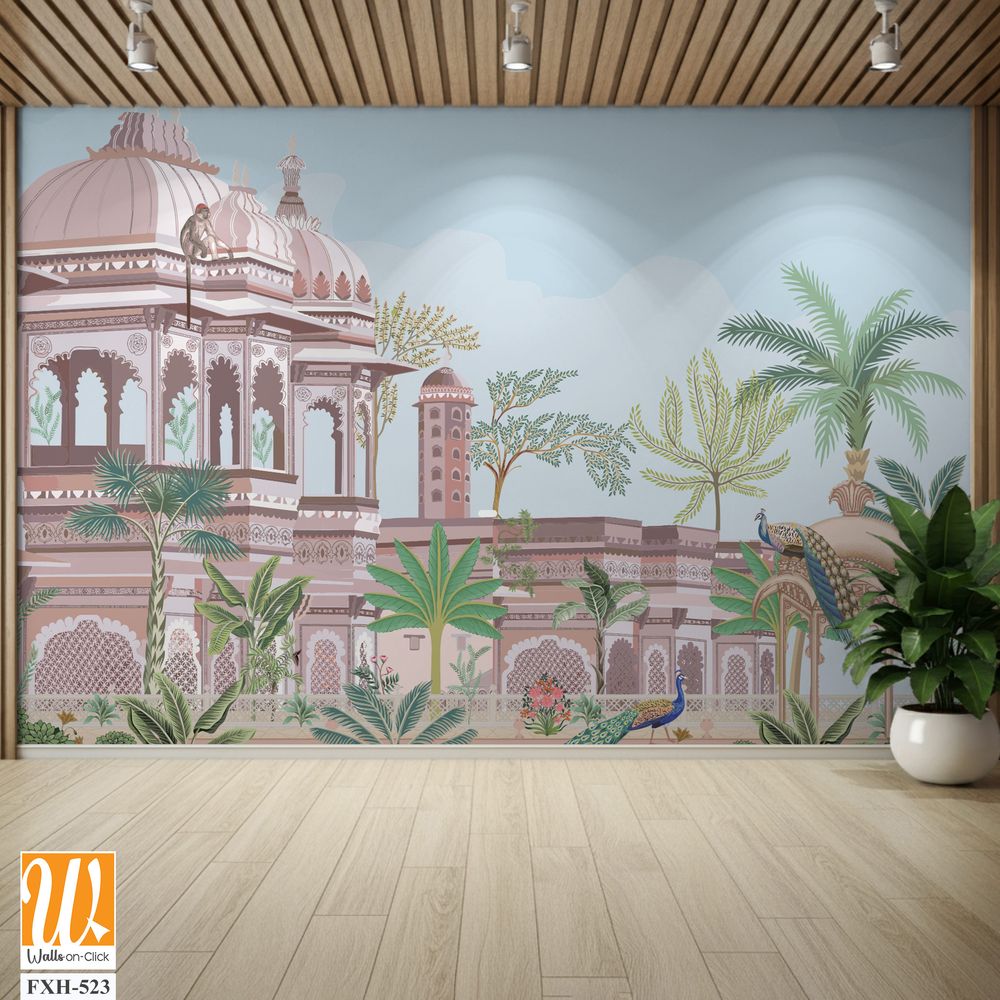 Traditional south Indian temple complex garden with peacock, monkey vector illustration pattern [WP-FXH-523]