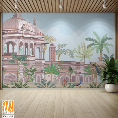 Traditional south Indian temple complex garden with peacock, monkey vector illustration pattern [WP-FXH-523]