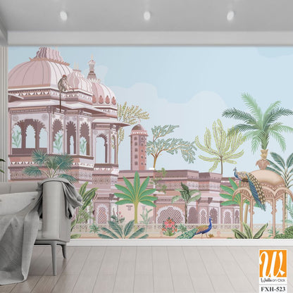 Traditional south Indian temple complex garden with peacock, monkey vector illustration pattern [WP-FXH-523]