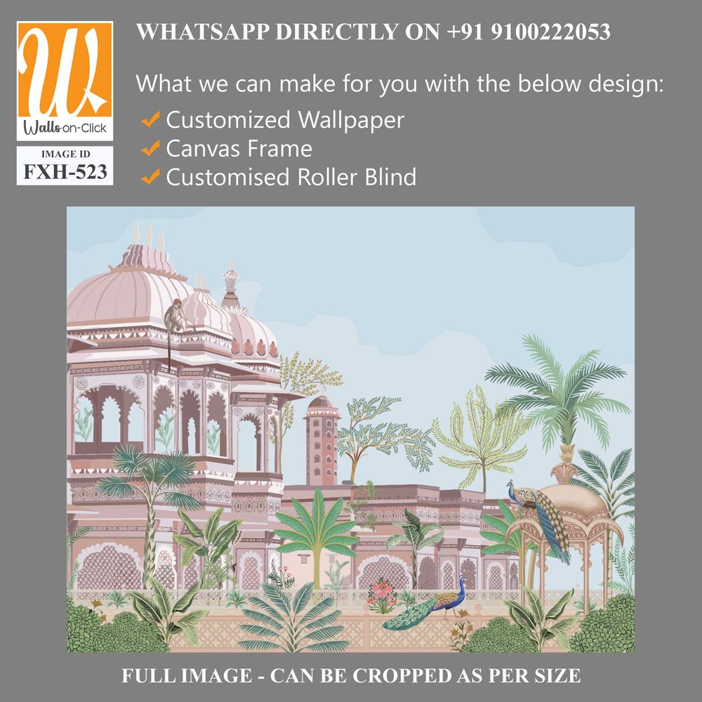 Traditional south Indian temple complex garden with peacock, monkey vector illustration pattern [WP-FXH-523]