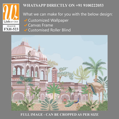 Traditional south Indian temple complex garden with peacock, monkey vector illustration pattern [WP-FXH-523]