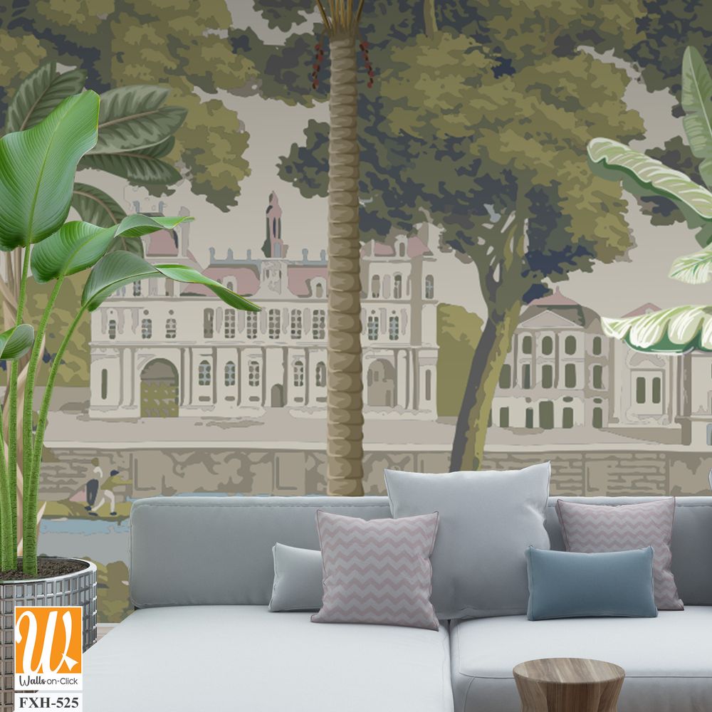 British east India garden landscape with river, lake, horse, parrot vector illustration [WP-FXH-525]