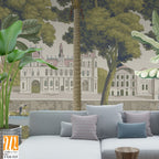 British east India garden landscape with river, lake, horse, parrot vector illustration [WP-FXH-525]