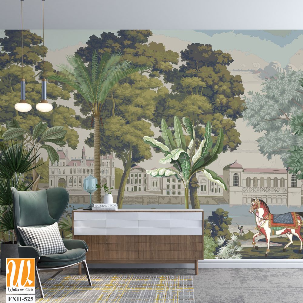 British east India garden landscape with river, lake, horse, parrot vector illustration [WP-FXH-525]