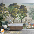 British east India garden landscape with river, lake, horse, parrot vector illustration [WP-FXH-525]