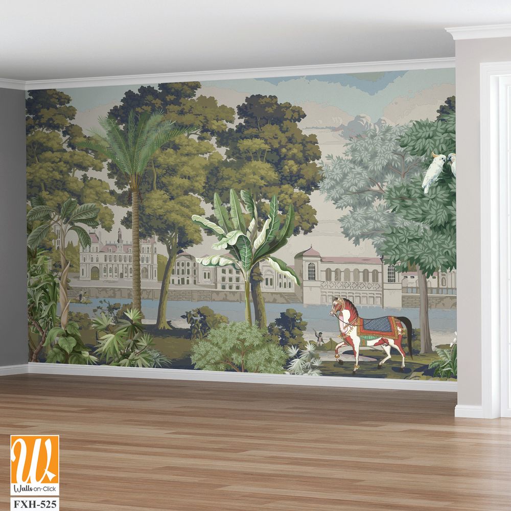 British east India garden landscape with river, lake, horse, parrot vector illustration [WP-FXH-525]