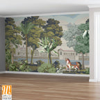 British east India garden landscape with river, lake, horse, parrot vector illustration [WP-FXH-525]