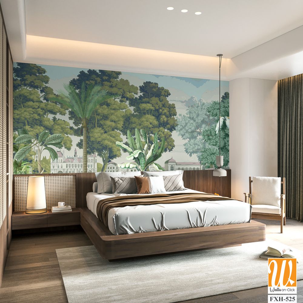 British east India garden landscape with river, lake, horse, parrot vector illustration [WP-FXH-525]