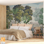 British east India garden landscape with river, lake, horse, parrot vector illustration [WP-FXH-525]
