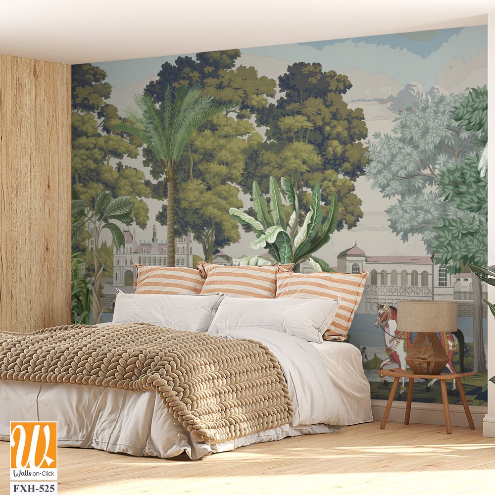 British east India garden landscape with river, lake, horse, parrot vector illustration [WP-FXH-525]