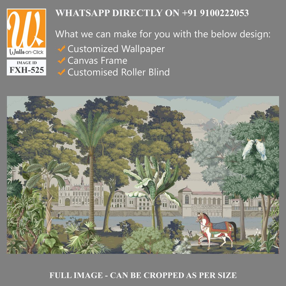 British east India garden landscape with river, lake, horse, parrot vector illustration [WP-FXH-525]