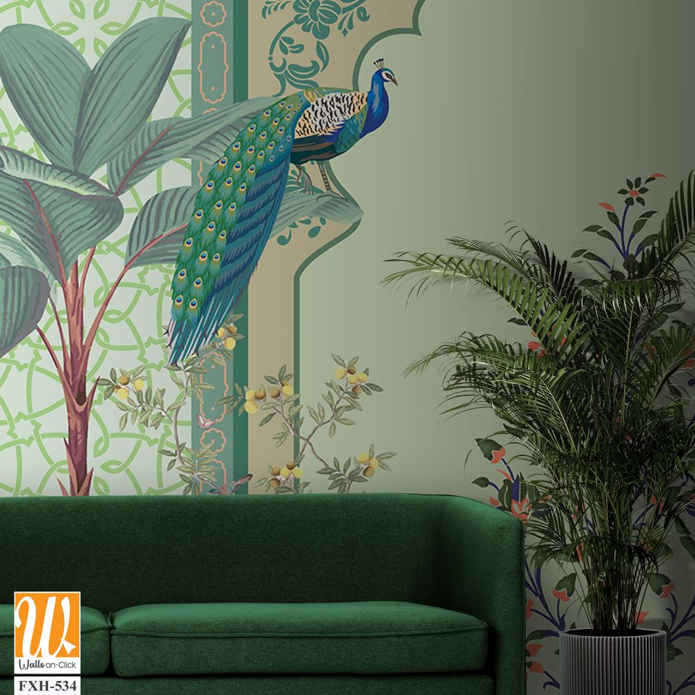 Traditional Mughal arch, Moroccan border, plants, tree, peacock colorful decorative frame [WP-FXH-534]