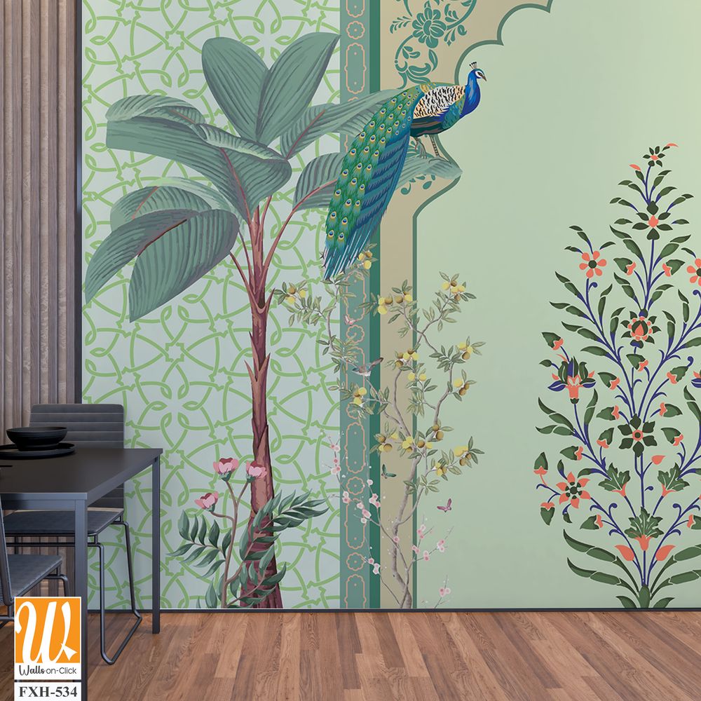 Traditional Mughal arch, Moroccan border, plants, tree, peacock colorful decorative frame [WP-FXH-534]