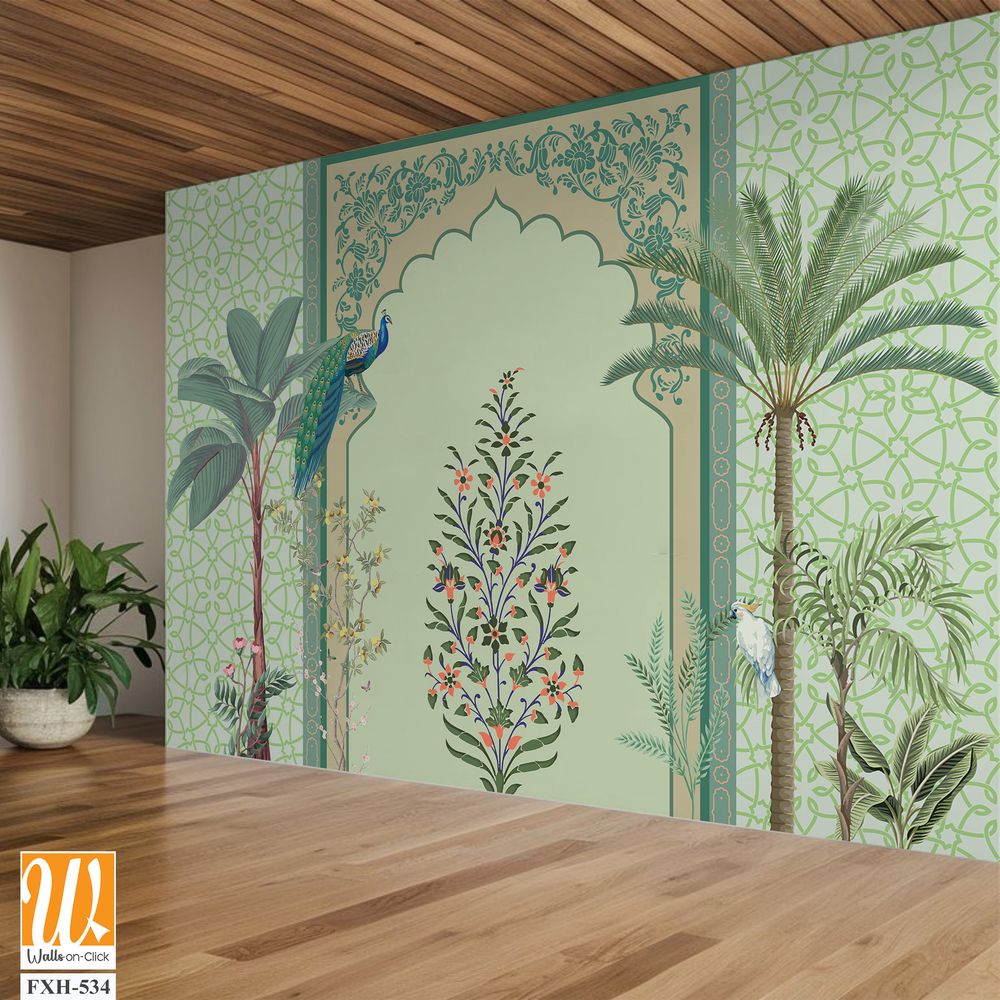 Traditional Mughal arch, Moroccan border, plants, tree, peacock colorful decorative frame [WP-FXH-534]