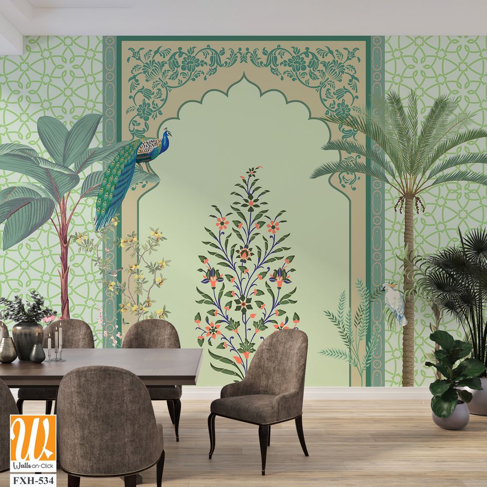 Traditional Mughal arch, Moroccan border, plants, tree, peacock colorful decorative frame [WP-FXH-534]