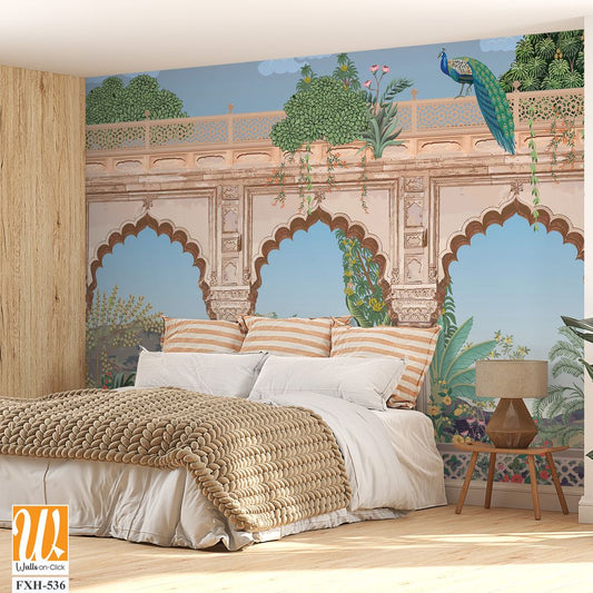 Mughal arch, palace, peacock, garden, mountain illustration for wallpaper [WP-FXH-536]