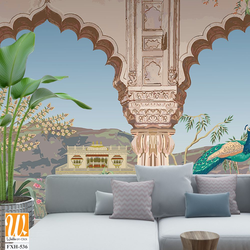 Mughal arch, palace, peacock, garden, mountain illustration for wallpaper [WP-FXH-536]