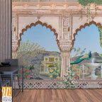 Mughal arch, palace, peacock, garden, mountain illustration for wallpaper [WP-FXH-536]