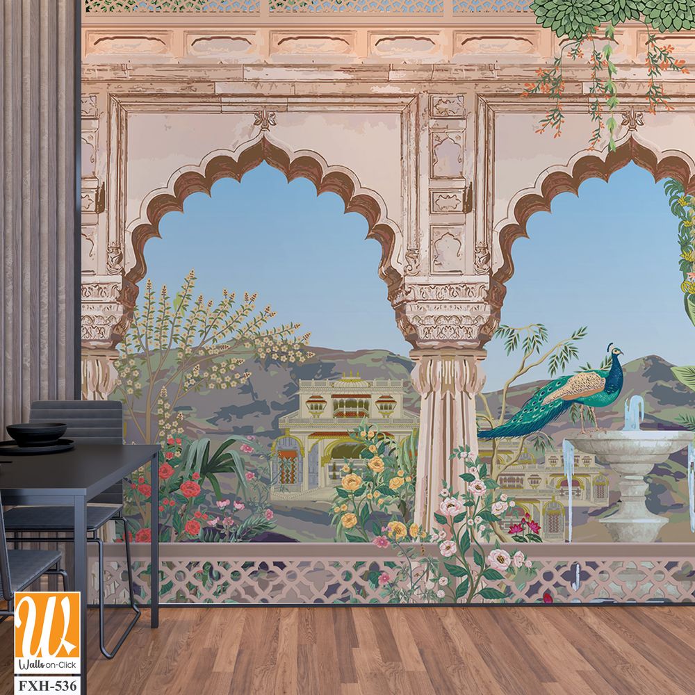 Mughal arch, palace, peacock, garden, mountain illustration for wallpaper [WP-FXH-536]