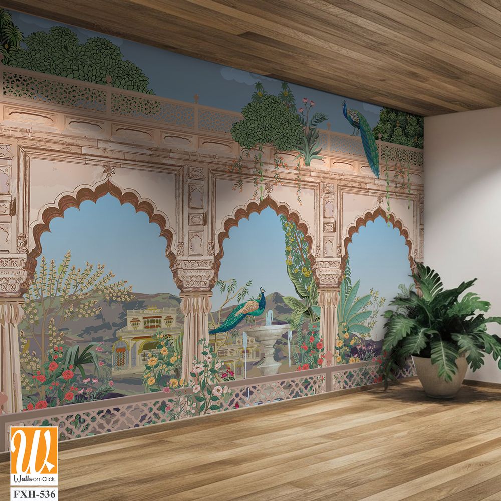 Mughal arch, palace, peacock, garden, mountain illustration for wallpaper [WP-FXH-536]