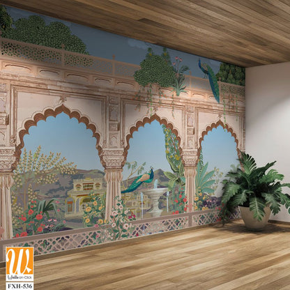 Mughal arch, palace, peacock, garden, mountain illustration for wallpaper [WP-FXH-536]