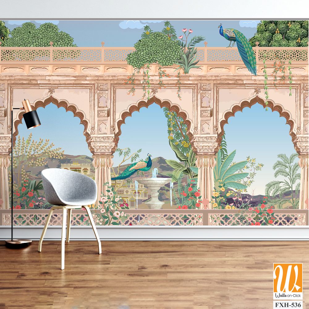 Mughal arch, palace, peacock, garden, mountain illustration for wallpaper [WP-FXH-536]