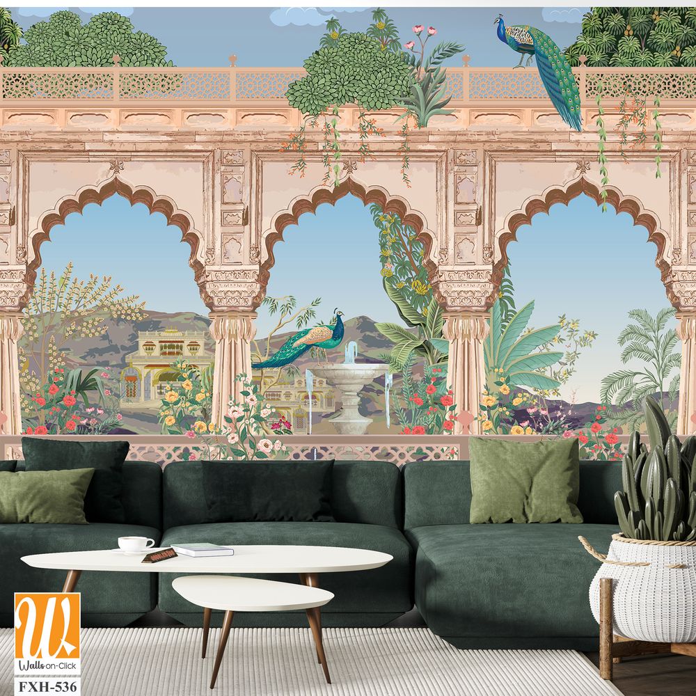 Mughal arch, palace, peacock, garden, mountain illustration for wallpaper [WP-FXH-536]