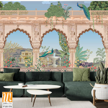 Mughal arch, palace, peacock, garden, mountain illustration for wallpaper [WP-FXH-536]