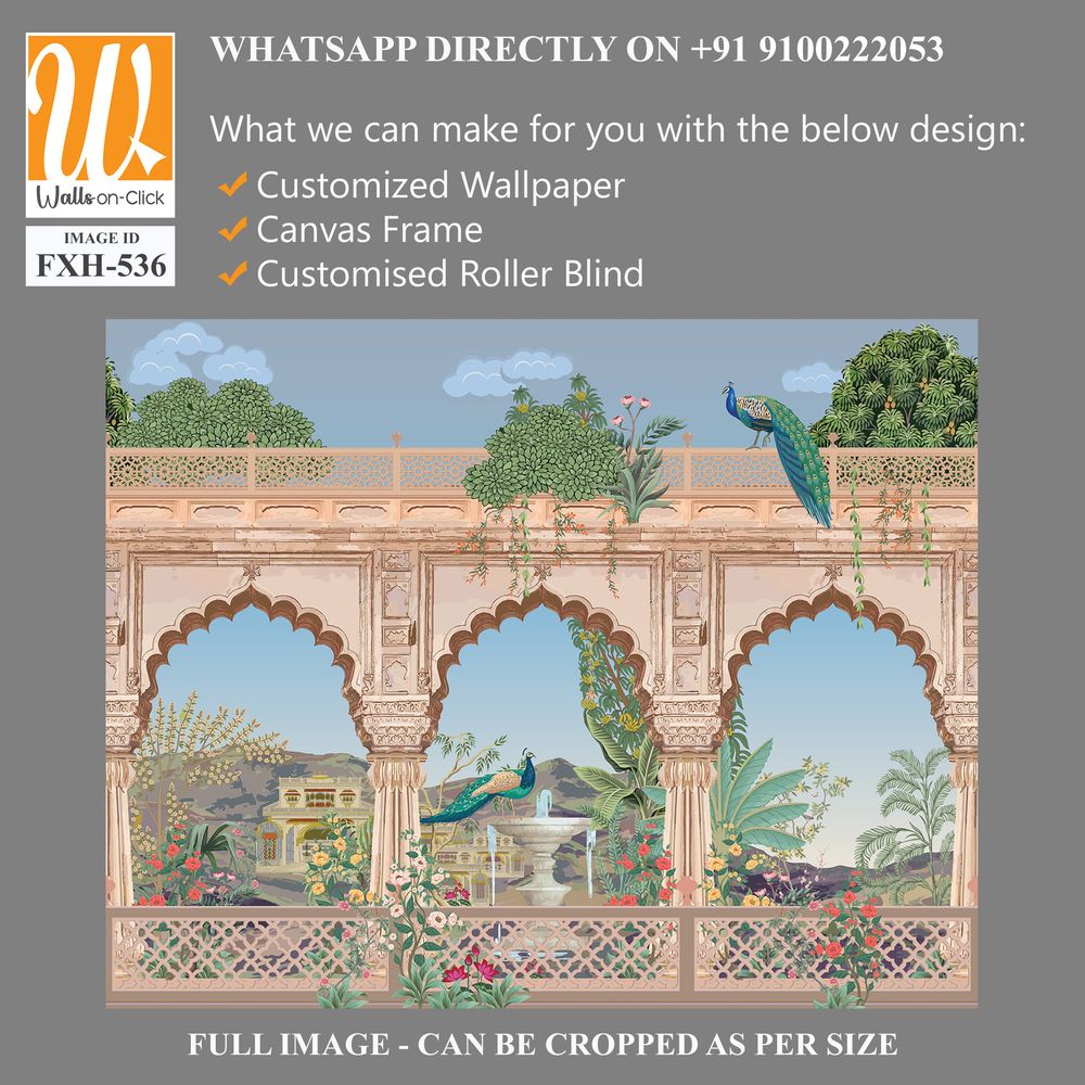 Mughal arch, palace, peacock, garden, mountain illustration for wallpaper [WP-FXH-536]