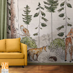 Photo wallpaper which depicts animals walking in the forest, art drawing, image on a textured background [WP-FXH-539]