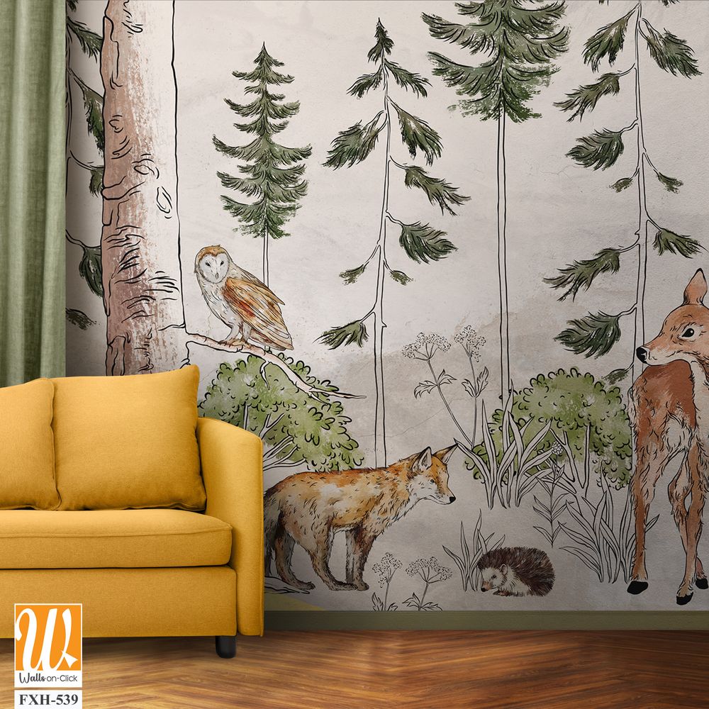 Photo wallpaper which depicts animals walking in the forest, art drawing, image on a textured background [WP-FXH-539]