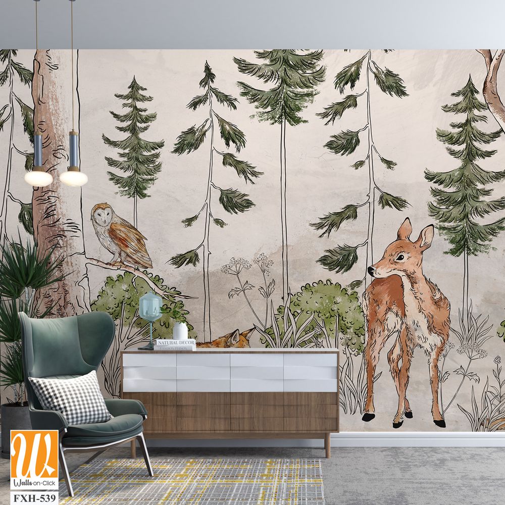 Photo wallpaper which depicts animals walking in the forest, art drawing, image on a textured background [WP-FXH-539]