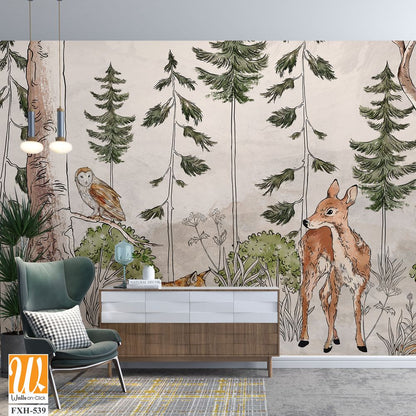 Photo wallpaper which depicts animals walking in the forest, art drawing, image on a textured background [WP-FXH-539]