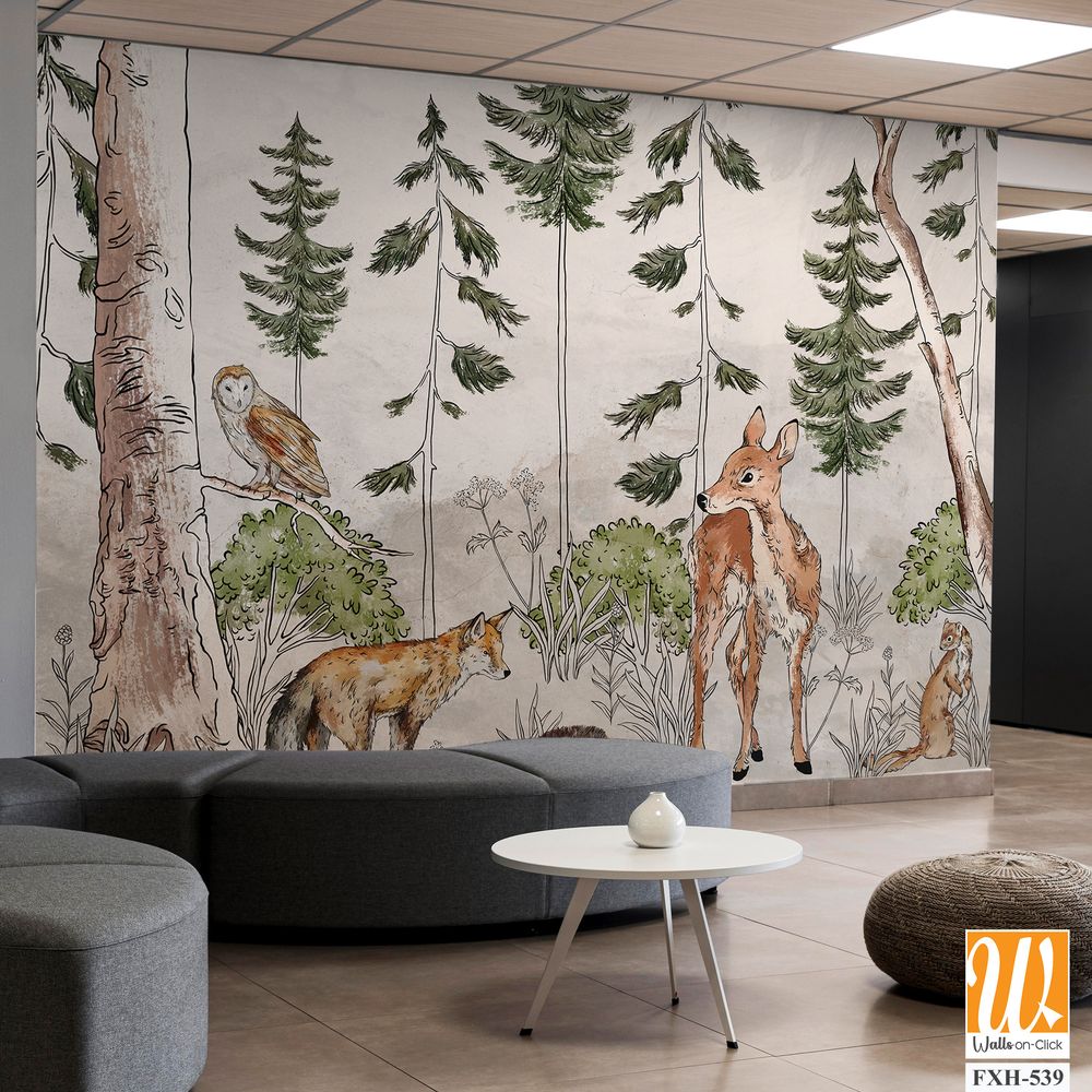 Photo wallpaper which depicts animals walking in the forest, art drawing, image on a textured background [WP-FXH-539]