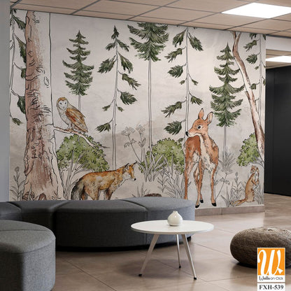 Photo wallpaper which depicts animals walking in the forest, art drawing, image on a textured background [WP-FXH-539]