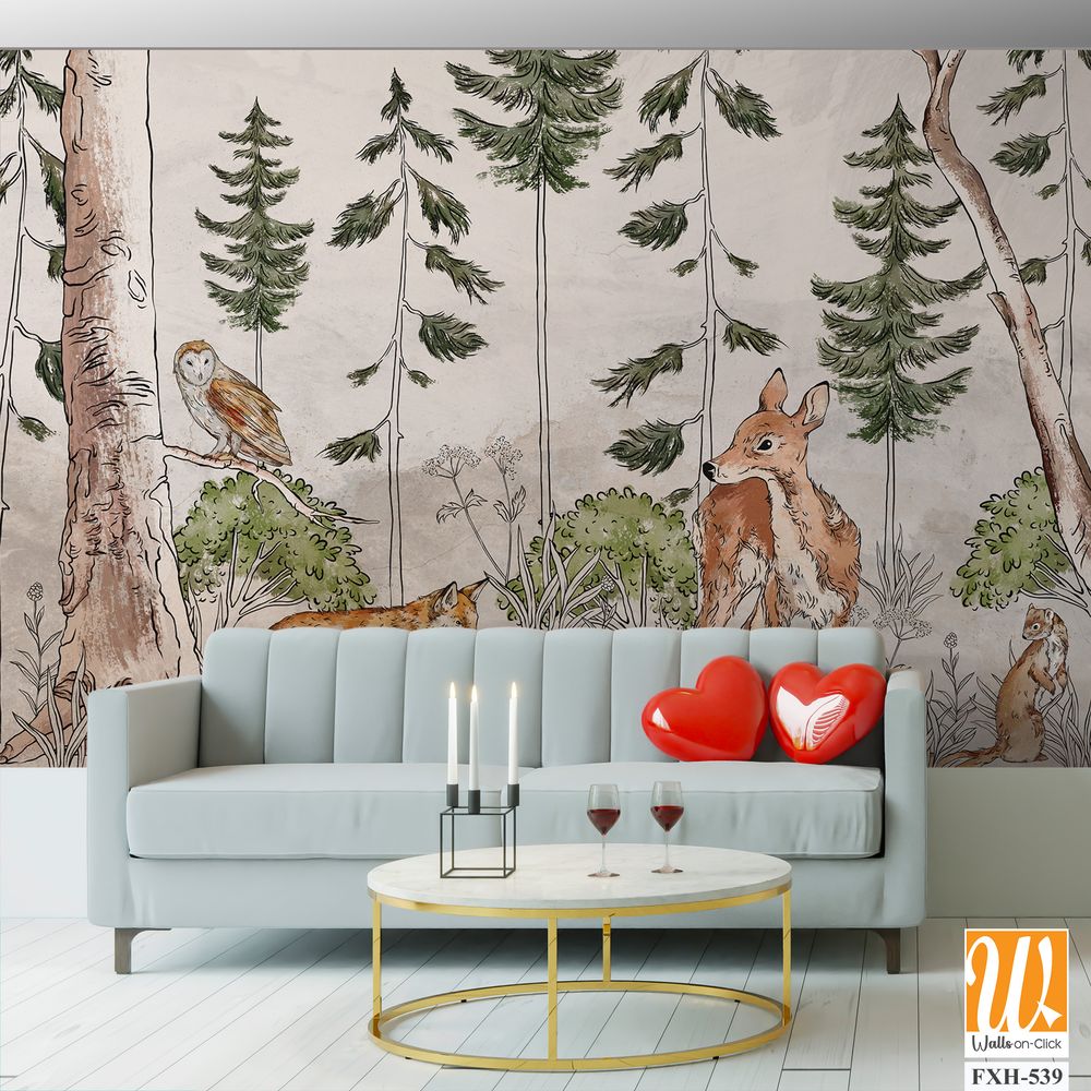 Photo wallpaper which depicts animals walking in the forest, art drawing, image on a textured background [WP-FXH-539]