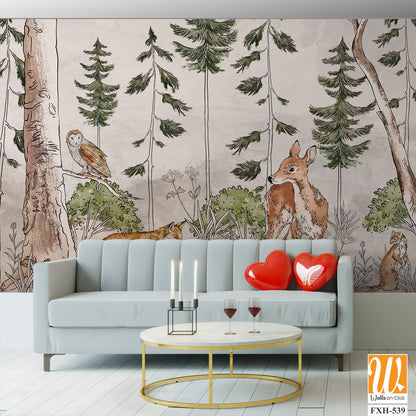 Photo wallpaper which depicts animals walking in the forest, art drawing, image on a textured background [WP-FXH-539]