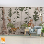 Photo wallpaper which depicts animals walking in the forest, art drawing, image on a textured background [WP-FXH-539]