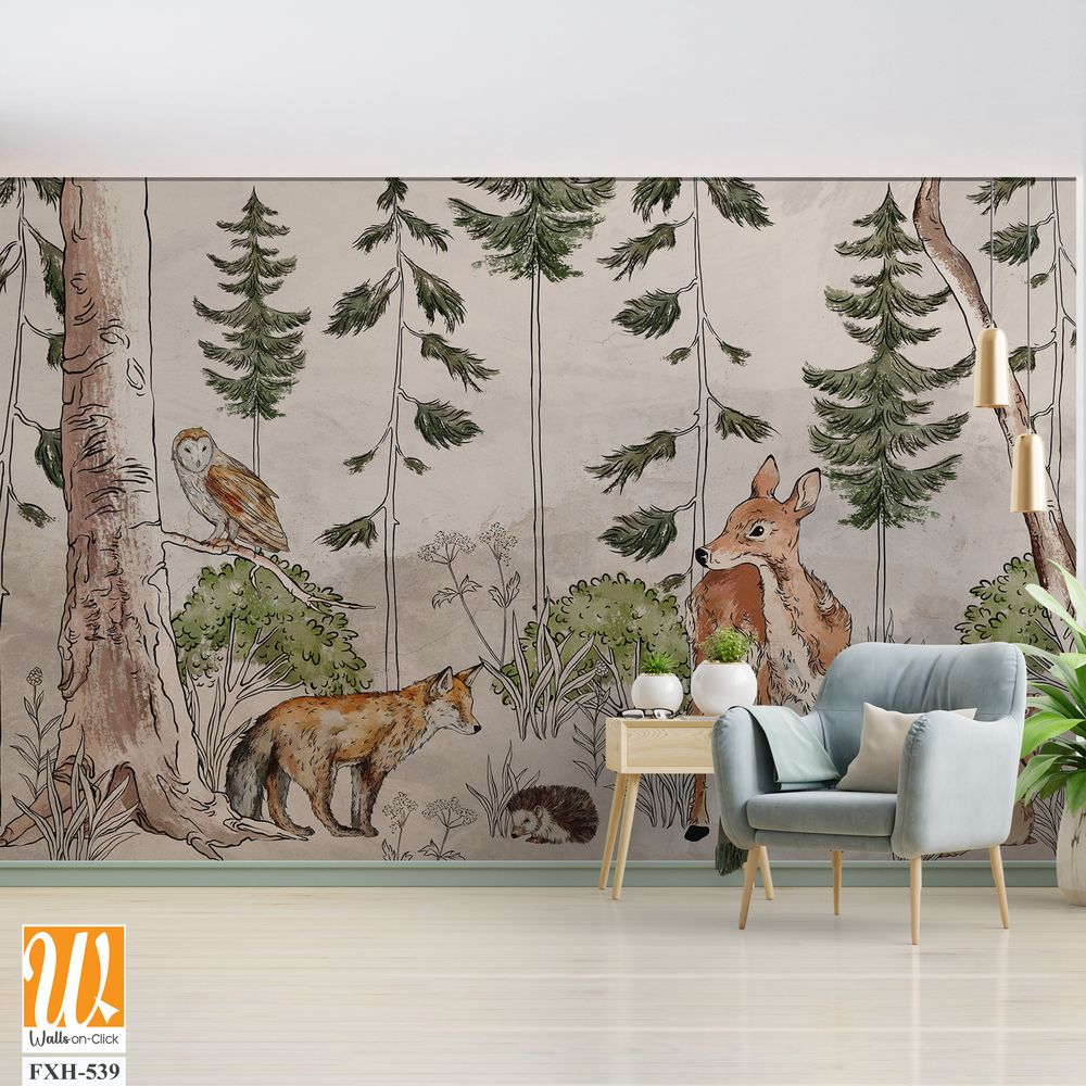 Photo wallpaper which depicts animals walking in the forest, art drawing, image on a textured background [WP-FXH-539]