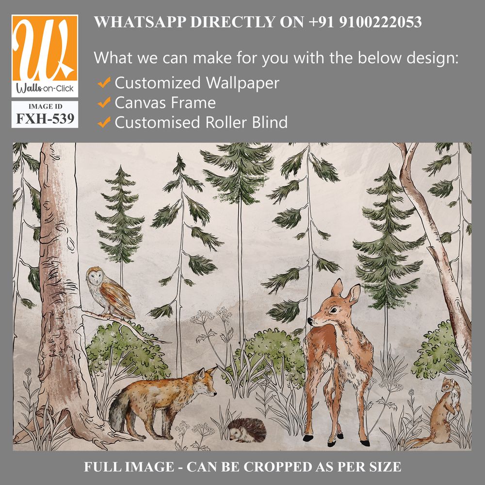 Photo wallpaper which depicts animals walking in the forest, art drawing, image on a textured background [WP-FXH-539]