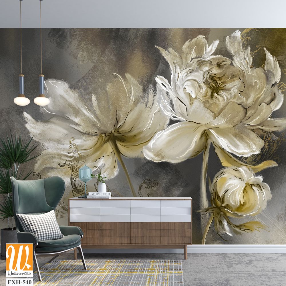 Vintage flowers on texture background, art drawing on canvas in pastel style, photo wallpaper [WP-FXH-540]